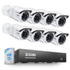 ZOSI security camera system with four cameras and a recorder on a white background