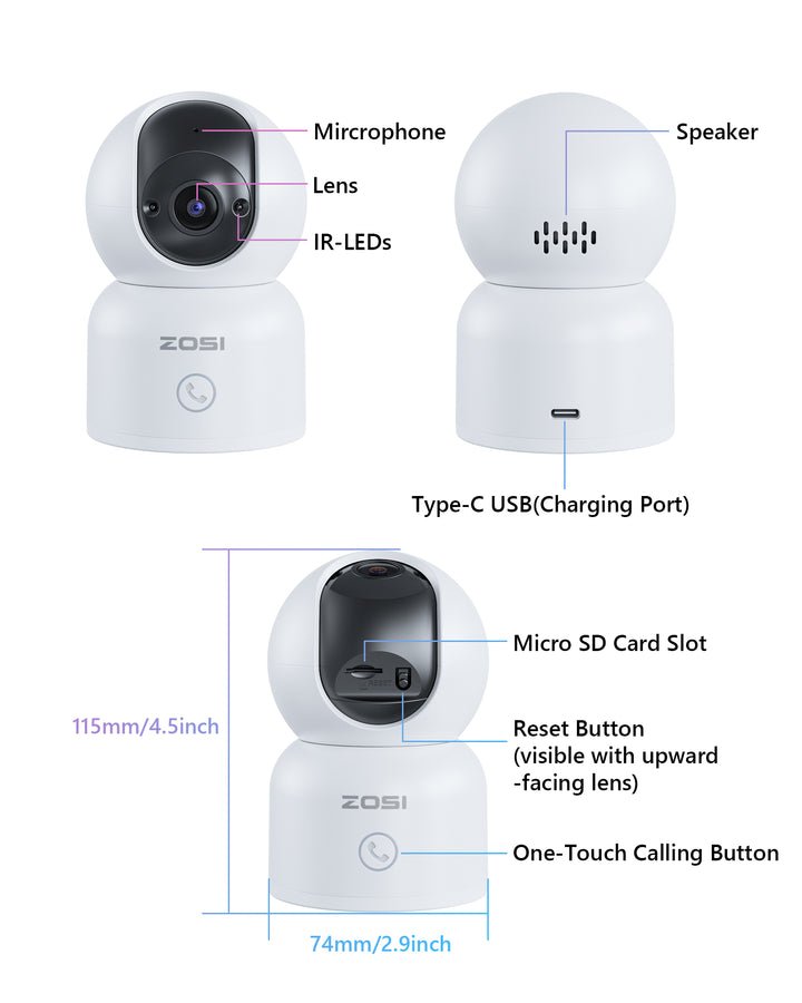 C518 3MP PTZ 2.4GHz/5GHz WiFi Security Camera + Max 256GB Local Storage Zosi