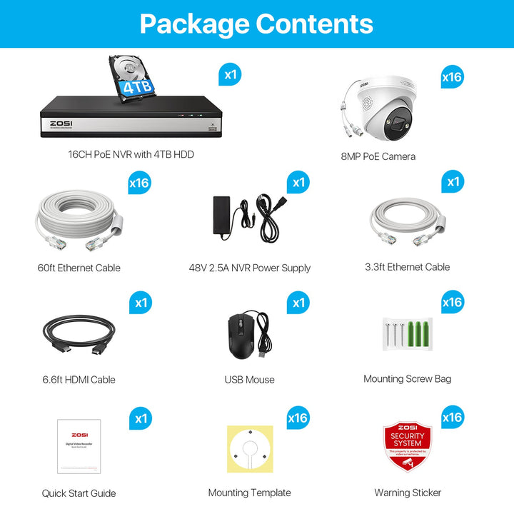 C225 4K 16 Channel Camera System + Up to 16 Cameras + 4TB Hard Drive Zosi