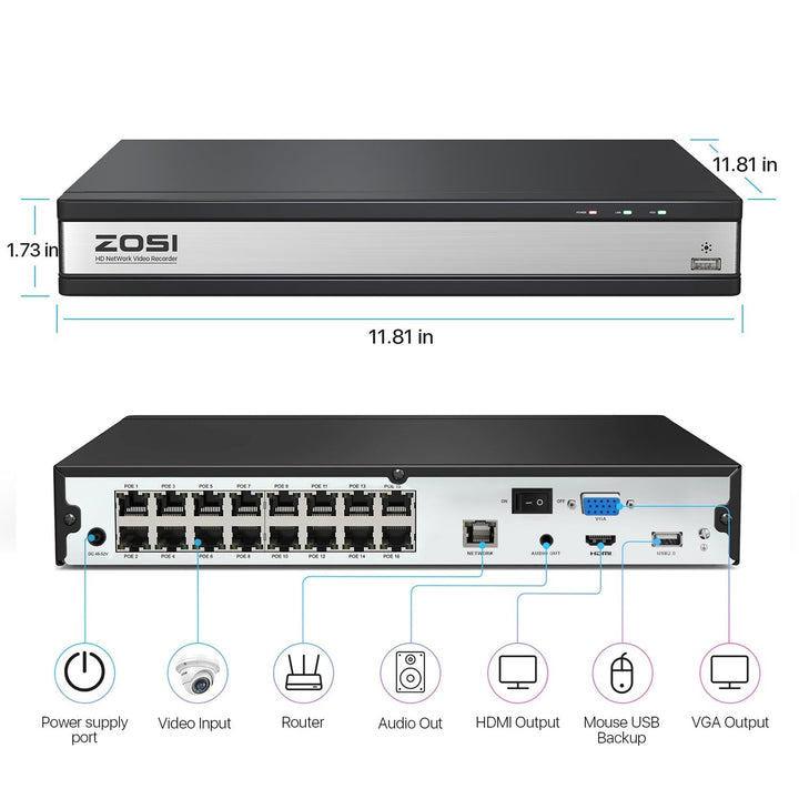 C182 4K 16 Channel 12-Cam POE NVR Security System + 4TB Hard Drive Zosi