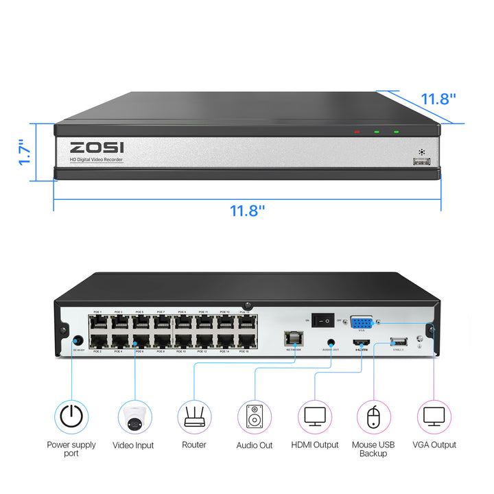 C225 4K 16 Channel Camera System + Up to 16 Cameras + 4TB Hard Drive Zosi