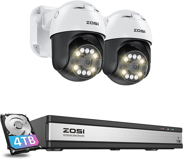 C296 5MP 16CH 2-Cam Pan-Tilt PoE Camera System + Person/Vehicle Detection + 4TB Hard Drive Zosi