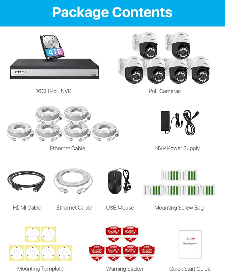 C296 5MP 16 Channel Pan-Tilt PoE Security System + 4TB Hard Drive Zosi