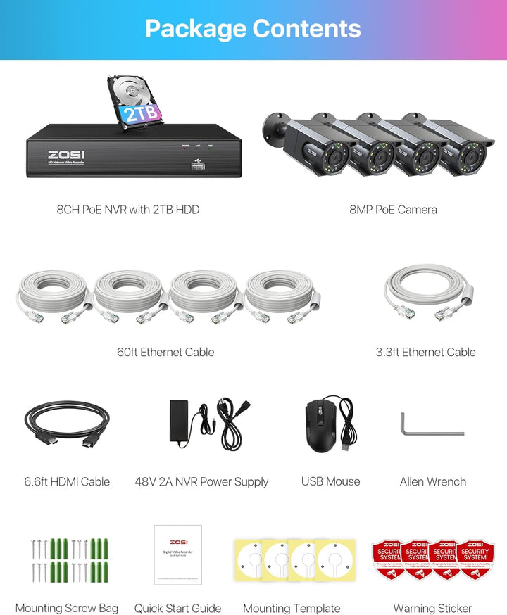 C105 4K 8 Channel Security System + Up to 8 Cameras + 2TB Hard Drive Zosi