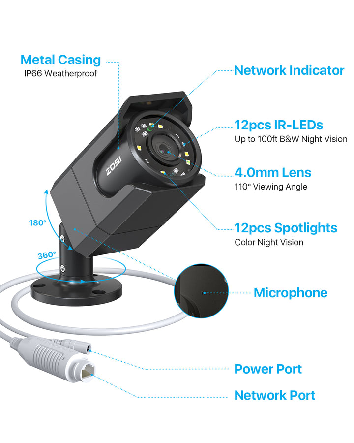 C105 4K Add-on PoE Camera + 60ft Ethernet Cable Zosi