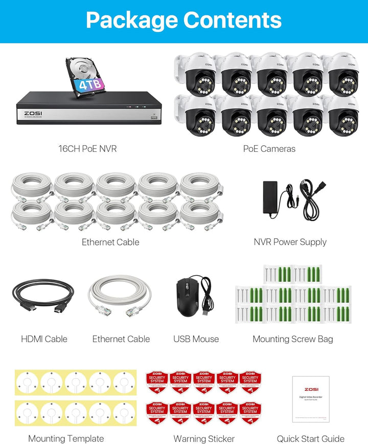 C296 5MP 16 Channel Pan-Tilt PoE Security System + 4TB Hard Drive Zosi