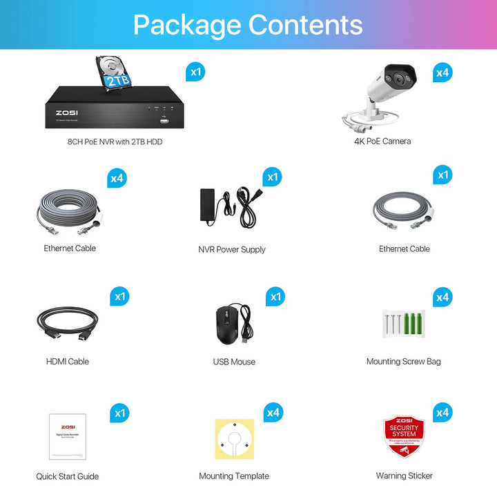 C182 4K 8 Channel Camera System + Up to 8 Cameras + 2TB Hard Drive Zosi