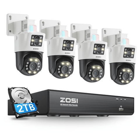 C298 Dual-Lens PT PoE Security Camera System + 8CH 4K PoE NVR with 2TB HDD