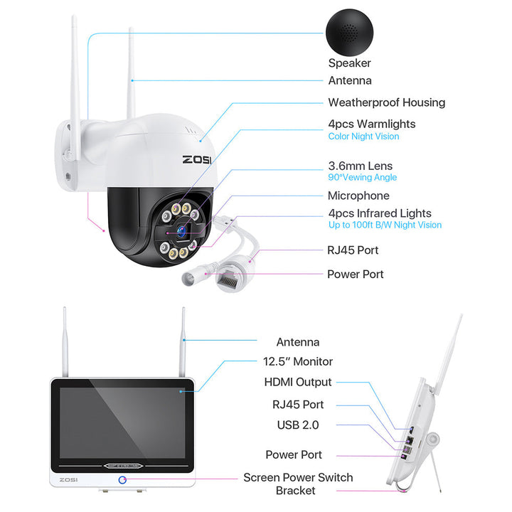 C289 3MP Pan-Tilt WiFi Security System + 12.5 inch LCD Monitor +1TB/2TB HDD Zosi