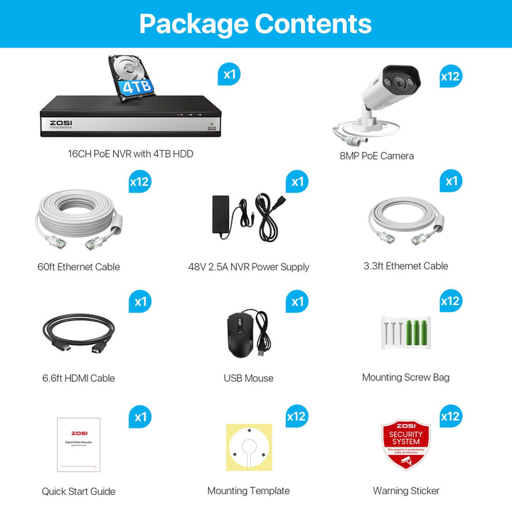 C182 4K 16 Channel 12-Cam POE NVR Security System + 4TB Hard Drive Zosi