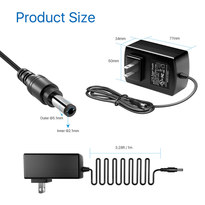 12V 1A /2A /3A Power Adapter, AC 100-240V to DC 12 Volt Transformer, 1 Meter 3.28 Feet Cord Zosi