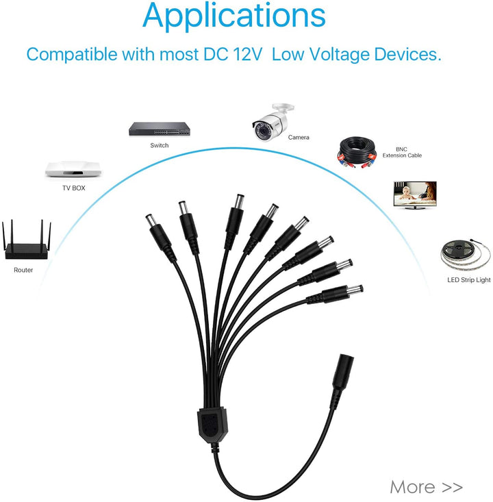 DC 1 to 4 Power Splitter Cord, DC 1 to 8 Power Splitter Cord, Y Adapter Zosi