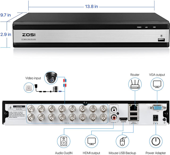 16 Channel 1080P HD Digital Recorder DVR + Bulit-in Hard Drive (ZR16FK) Zosi