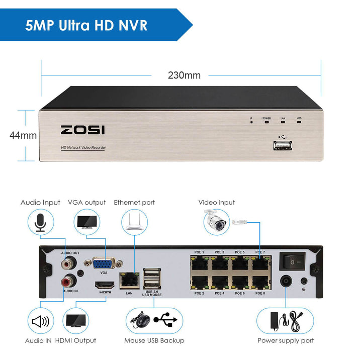 ZOSI 5MP PoE Video Surveillance System,H.265+ 8 Channel 5MP NVR Security System, 5MP HD Outdoor Indoor 120ft Night Vision PoE IP Cameras, 24/7 Recording(Refurbished) Zosi